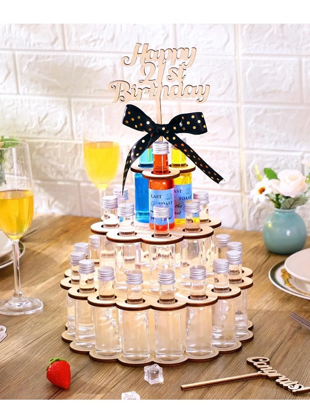21st Birthday Wooden Tiered Shot Bottle Party Display - Black Bow Accent